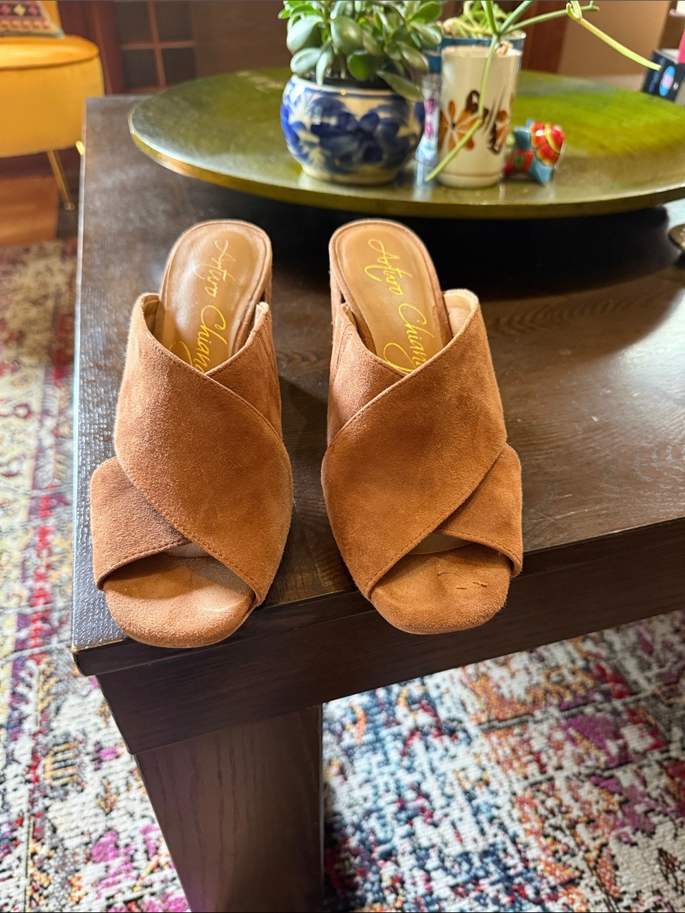 Arturo Chiang Cognac Suede Block Heel Mule Sandals | Size _
